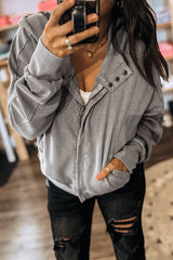 Gray Waffle Splicing Zip Up Front Button Hooded Jacket Gray 75%Polyester+25%Cotton Jackets JT's Designer Fashion