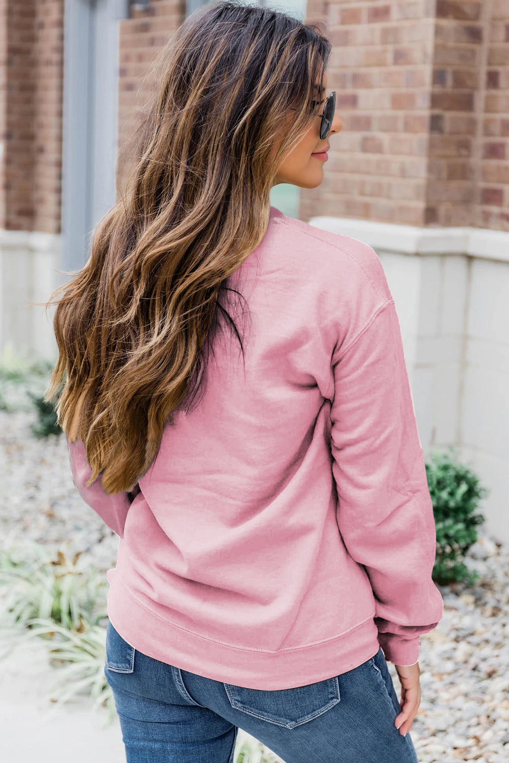 Pink Solid Color Crewneck Pullover Sweatshirt Sweatshirts & Hoodies JT's Designer Fashion