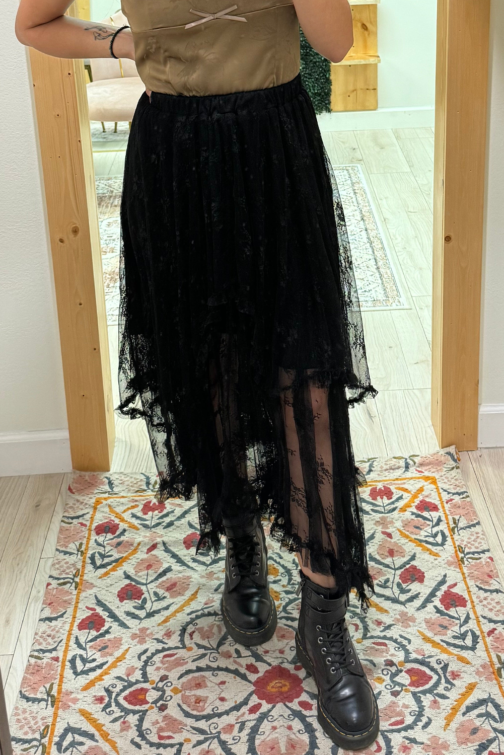 Black Lace Cascading Tiered High Waist Maxi Skirt Bottoms JT's Designer Fashion
