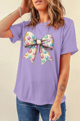 Wisteria Celebrative Easter Eggs Bow Print Casual T Shirt Graphic Tees JT's Designer Fashion