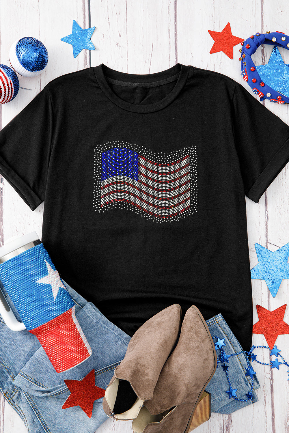 Black Rhinestone American Flag Casual Round Neck Tee Graphic Tees JT's Designer Fashion