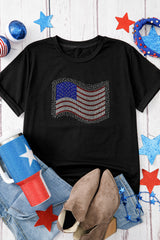 Black Rhinestone American Flag Casual Round Neck Tee Graphic Tees JT's Designer Fashion