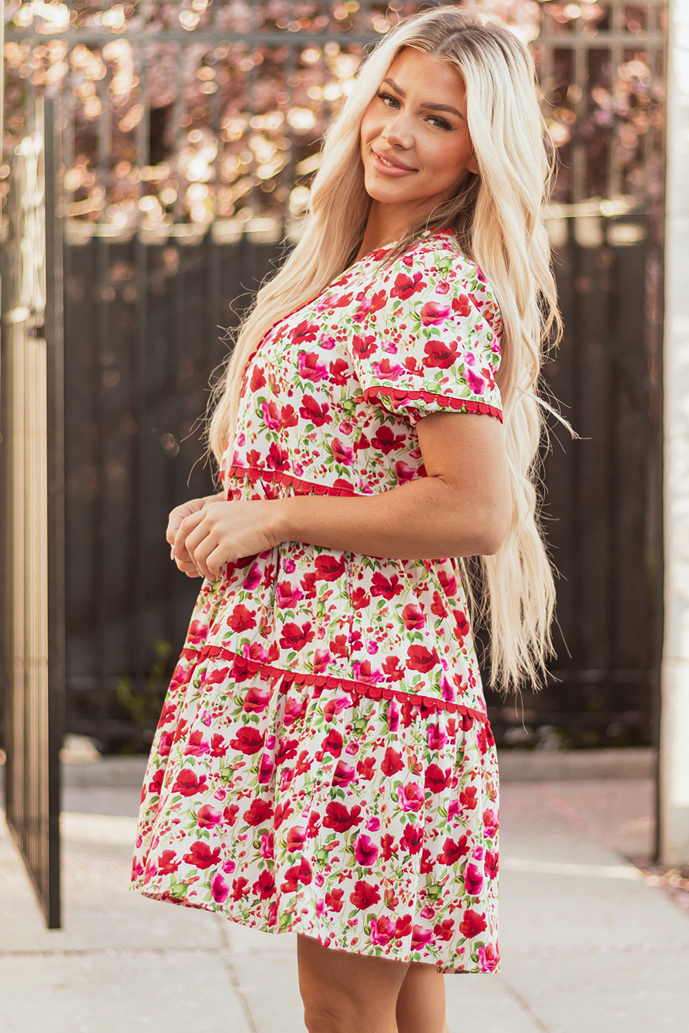 Red Floral Puff Sleeve Tiered Ric Rac Pocketed Mini Dress Floral Dresses JT's Designer Fashion