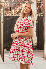 Red Floral Puff Sleeve Tiered Ric Rac Pocketed Mini Dress Floral Dresses JT's Designer Fashion