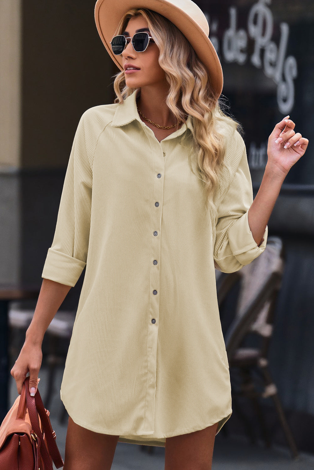 Beige Corduroy Shirt Style Full Button Long Sleeve Shift Mini Dress Mini Dresses JT's Designer Fashion