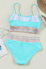 Turquoise Striped Patchwork Spaghetti Strap High Waist Bikini Swimsuit High Waisted Swimsuit JT's Designer Fashion