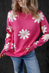 Bright Pink Daisy Flower Crew Neck Long Sleeve Sweater Sweaters JT's Designer Fashion