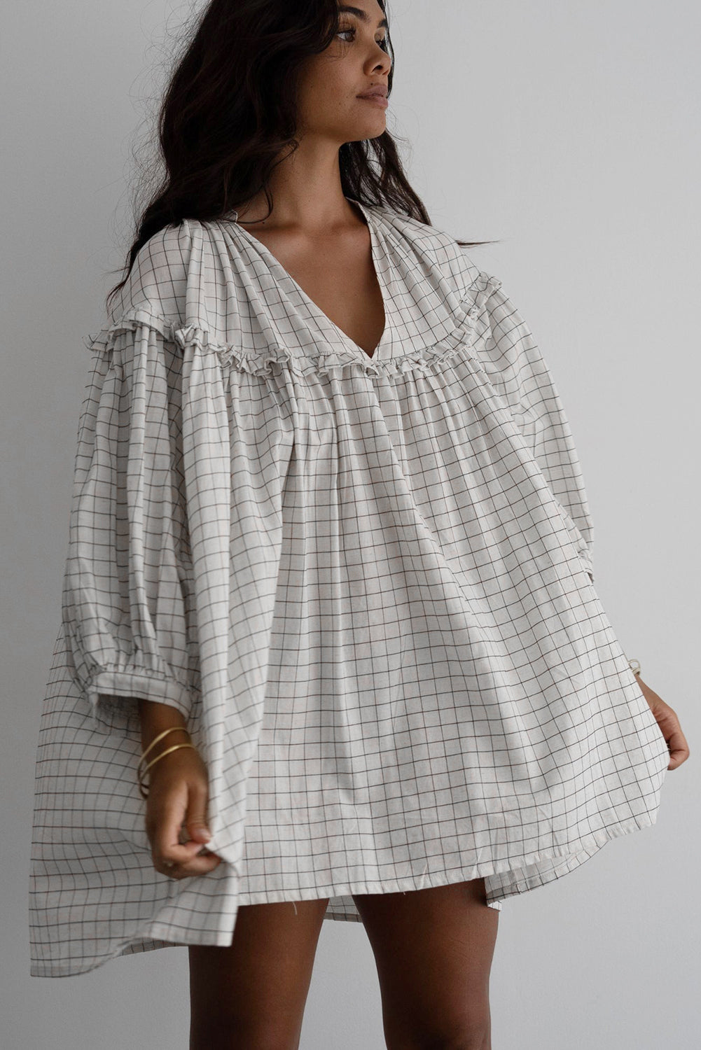 White Stripe Checkered Frilled V Neck Bracelet Sleeve Babydoll Dress Mini Dresses JT's Designer Fashion