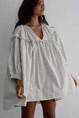 White Stripe Checkered Frilled V Neck Bracelet Sleeve Babydoll Dress Mini Dresses JT's Designer Fashion