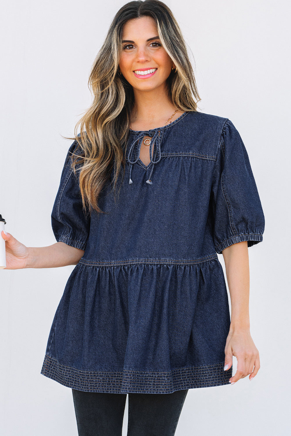 Sail Blue Puff Sleeve Lace-up Neckline Splicing Denim Blouse Blouses & Shirts JT's Designer Fashion
