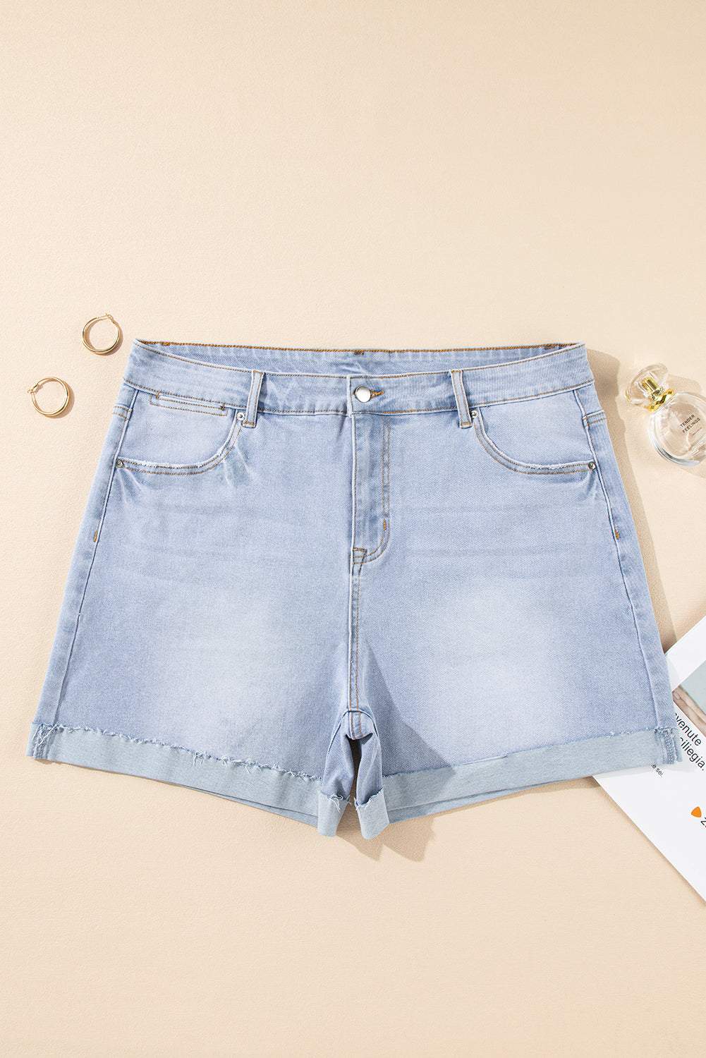 Beau Blue Folded Edge High Waist Plus Size Denim Shorts Plus Size Bottoms JT's Designer Fashion