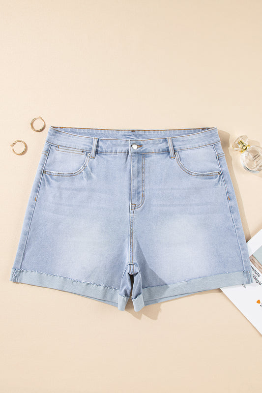 Beau Blue Folded Edge High Waist Plus Size Denim Shorts Plus Size Bottoms JT's Designer Fashion