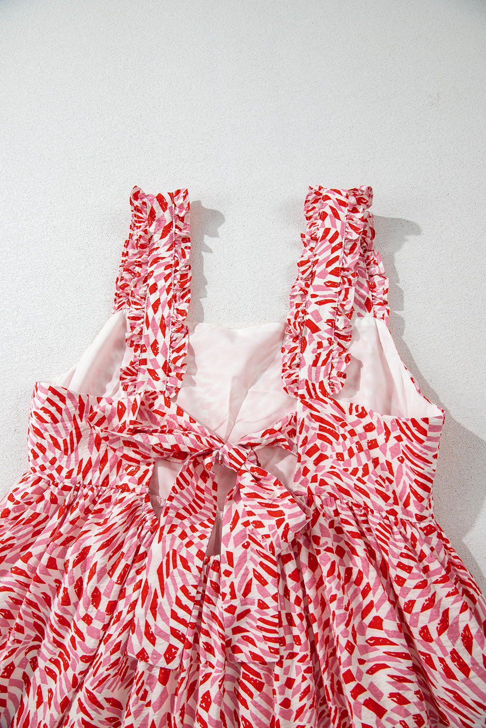 Pink Geometric Print Knot Back Sleeveless Ruffle Hem Dress Midi Dresses JT's Designer Fashion
