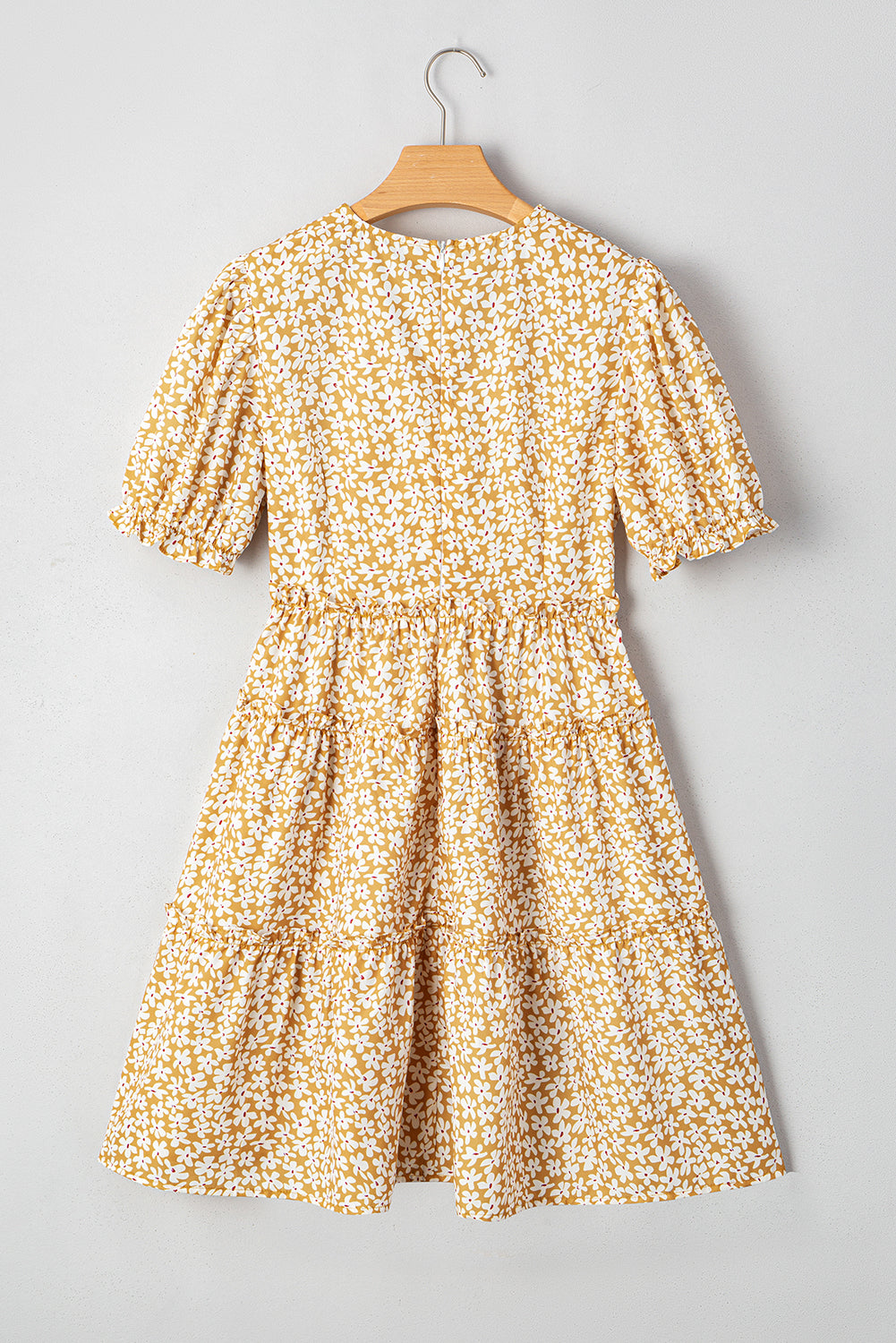 Yellow Floral Short Sleeve V Neck Frilly Tiered Mini Dress Floral Dresses JT's Designer Fashion