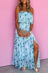 Green Floral Print Ruffled Side Slit Tube Top Maxi Dress Floral Dresses JT's Designer Fashion