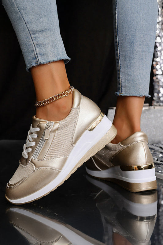 Gold PU Leather Patchwork Zipper Lace-up Sneakers Gold Women's Shoes JT's Designer Fashion