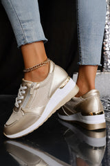 Gold PU Leather Patchwork Zipper Lace-up Sneakers Gold Women's Shoes JT's Designer Fashion