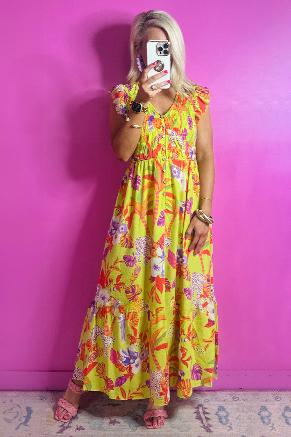 Yellow Cheetah Plant Print Shirred Button V Neck Long Dress Maxi Dresses JT's Designer Fashion