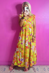 Yellow Cheetah Plant Print Shirred Button V Neck Long Dress Maxi Dresses JT's Designer Fashion