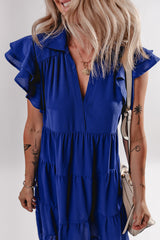 Bluing Ruffled Short Sleeve Collared V Neck Tiered Midi Dress Midi Dresses JT's Designer Fashion