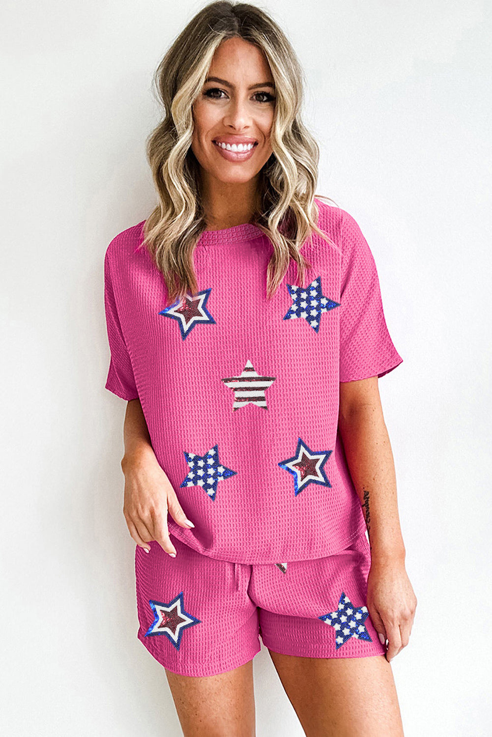 Rose Red Waffle Sequin American Flag Star Graphic 2 Piece Shorts Set Graphic Sets JT's Designer Fashion