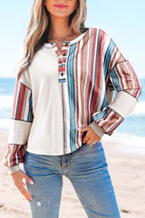Beige Striped Waffle Patchwork Exposed Seam Raw Edge Casual Knit Top Blouses & Shirts JT's Designer Fashion