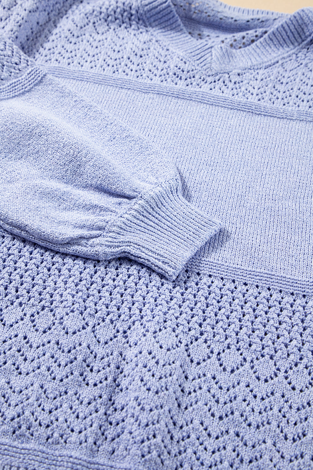 Sky Blue Eyelet Pattern Detail V Neck Drop Shoulder Sweater Sweaters JT's Designer Fashion