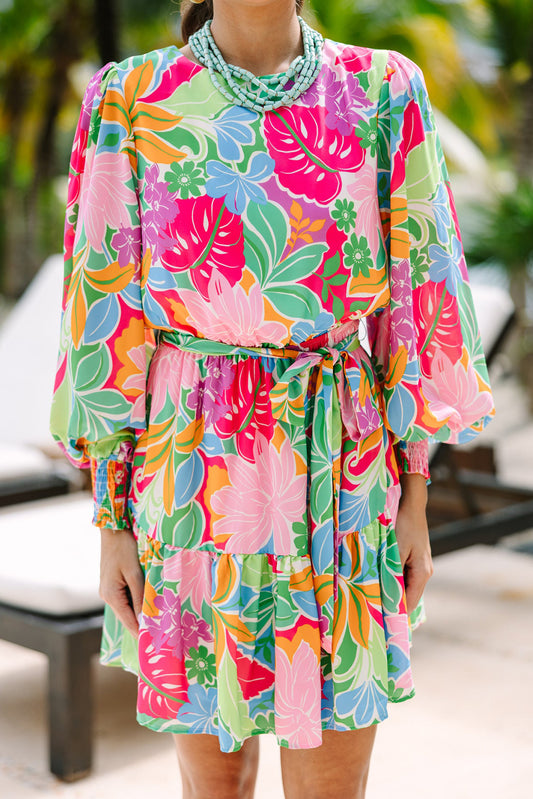Green Multicolor Botanical Bubble Sleeve Mini Dress Green 100%Polyester Floral Dresses JT's Designer Fashion