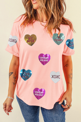 Pink Sequin Valentines Lettering Heart Patched Crewneck T Shirt Graphic Tees JT's Designer Fashion