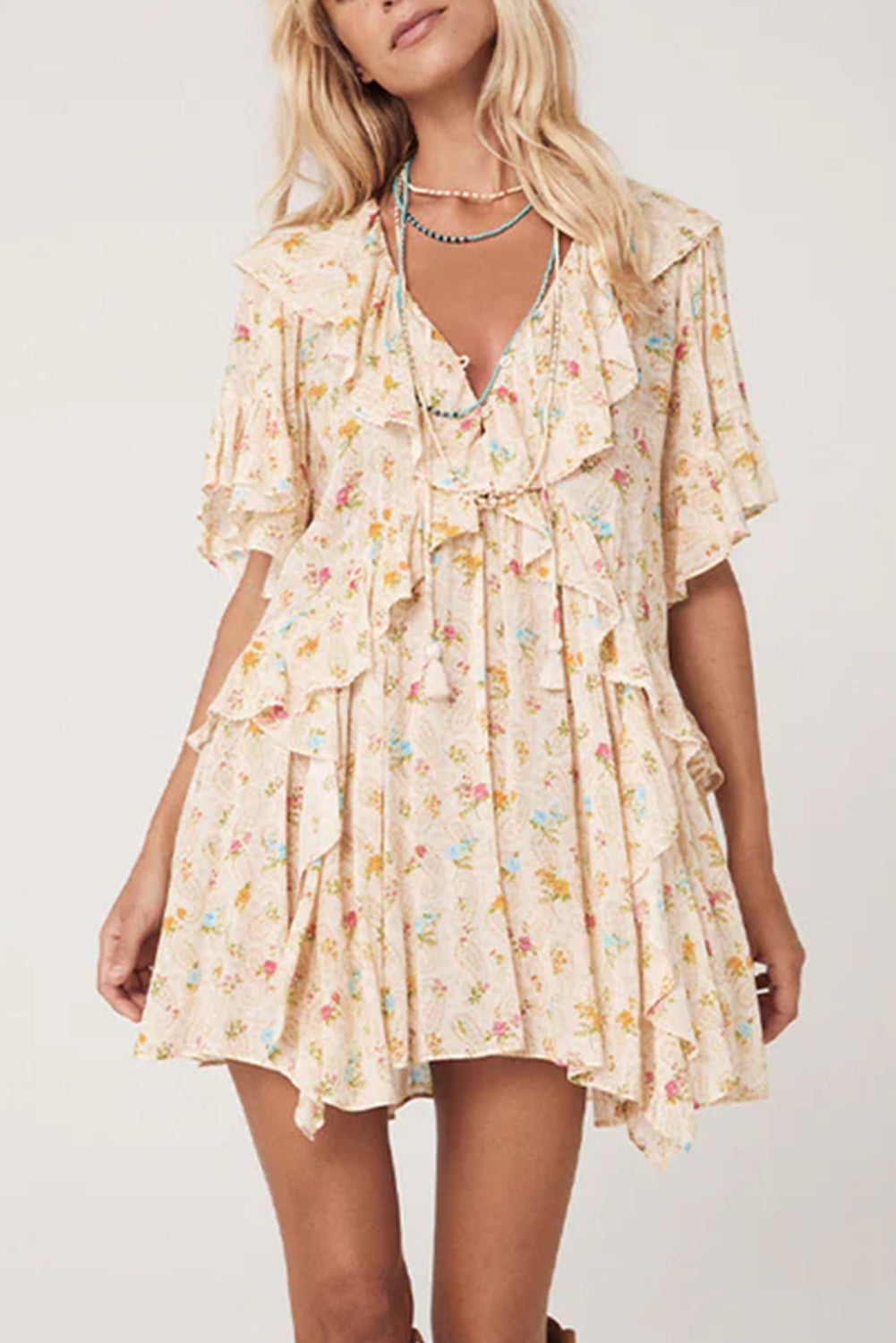 Apricot Boho Floral Tassel Tie V Neck Ruffle Wide Sleeve Mini Dress Apricot 100%Polyester Floral Dresses JT's Designer Fashion