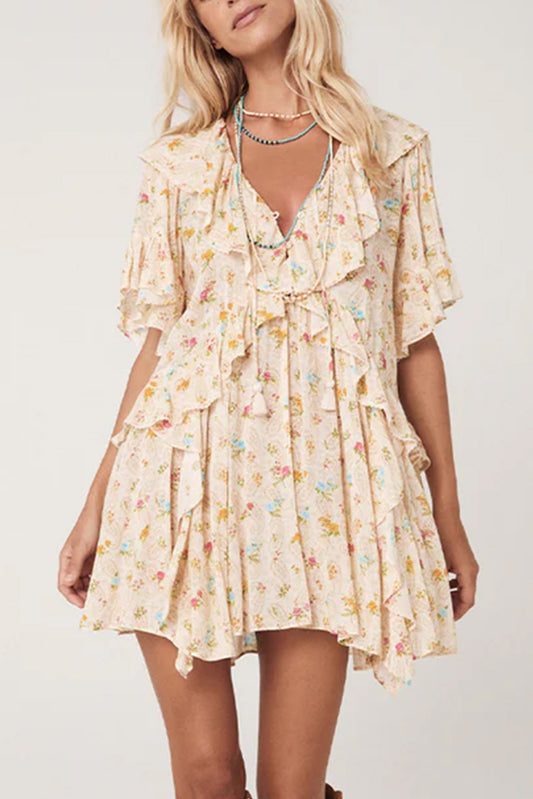 Apricot Boho Floral Tassel Tie V Neck Ruffle Wide Sleeve Mini Dress Apricot 100%Polyester Floral Dresses JT's Designer Fashion