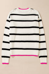 White Stripe Color Contrast Drop Shoulder Crew Neck Sweater Sweaters JT's Designer Fashion
