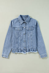 Beau Blue Ruffle Raw Hem Flap Pockets Denim Jacket Denim Jackets JT's Designer Fashion
