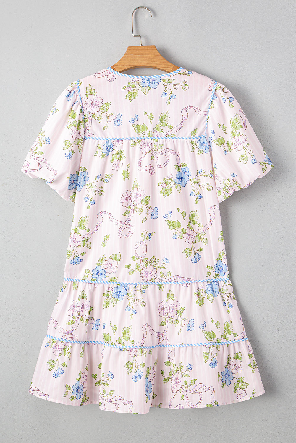Pink Floral Striped Print Contrast Trim Tie Split Neck Mini Dress Dresses JT's Designer Fashion