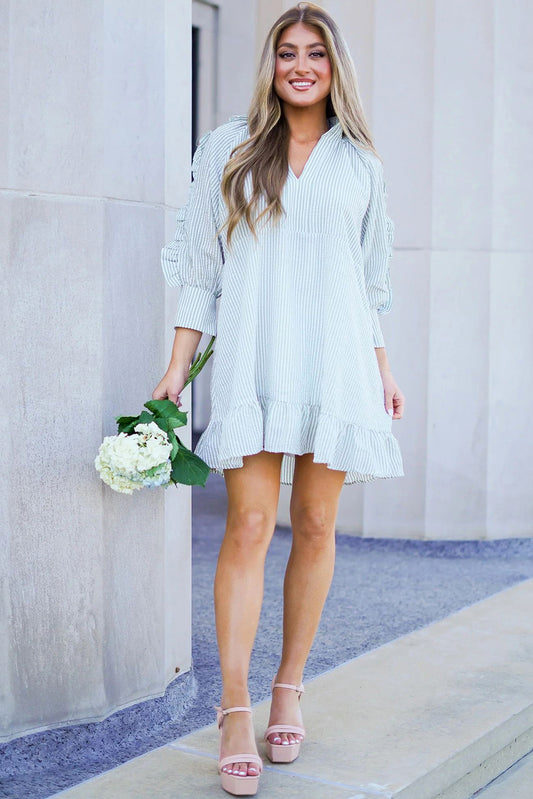 Myosotis Seersucker Ruffled Puff Sleeve Stand Neck Mini Dress Mini Dresses JT's Designer Fashion