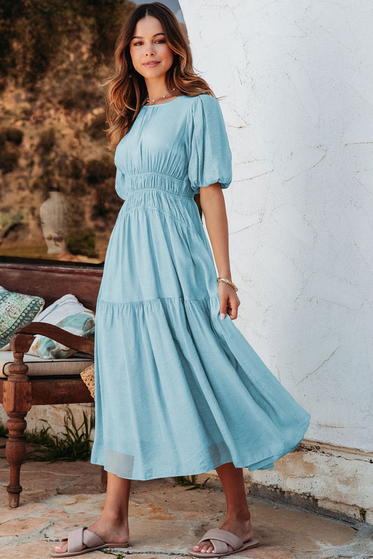 Light Blue Puff Sleeve Pleated High Waist Flowy Long Dress Maxi Dresses JT's Designer Fashion