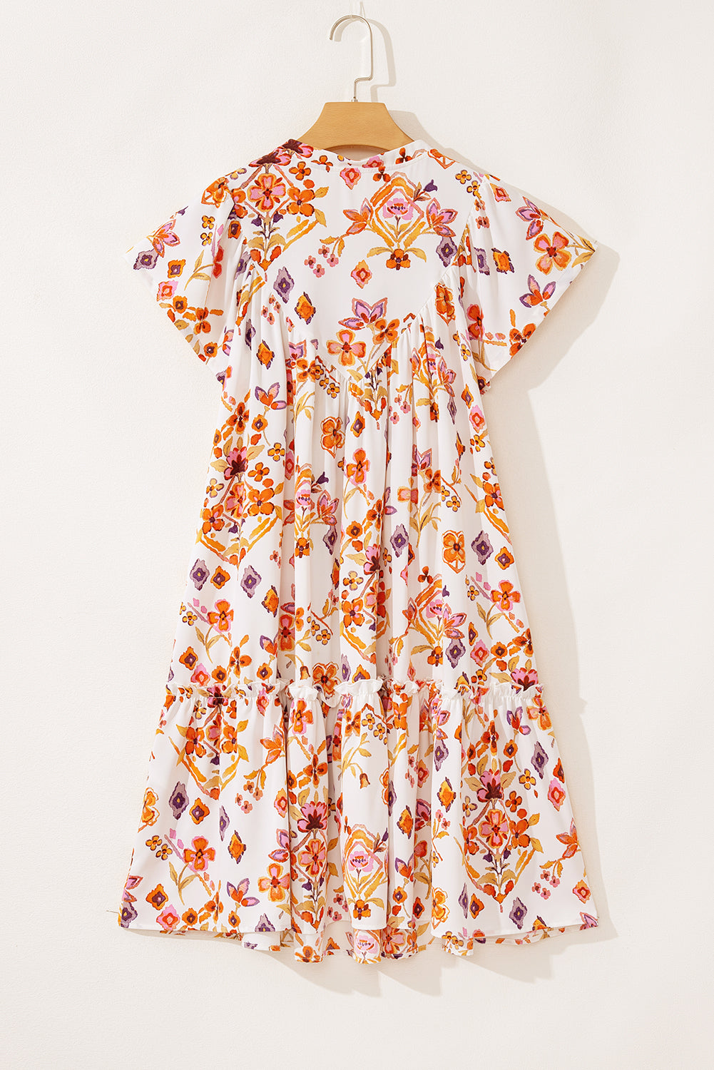 Apricot Floral Geometric Print Ruffled Trim Flutter Sleeve Mini Dress Floral Dresses JT's Designer Fashion