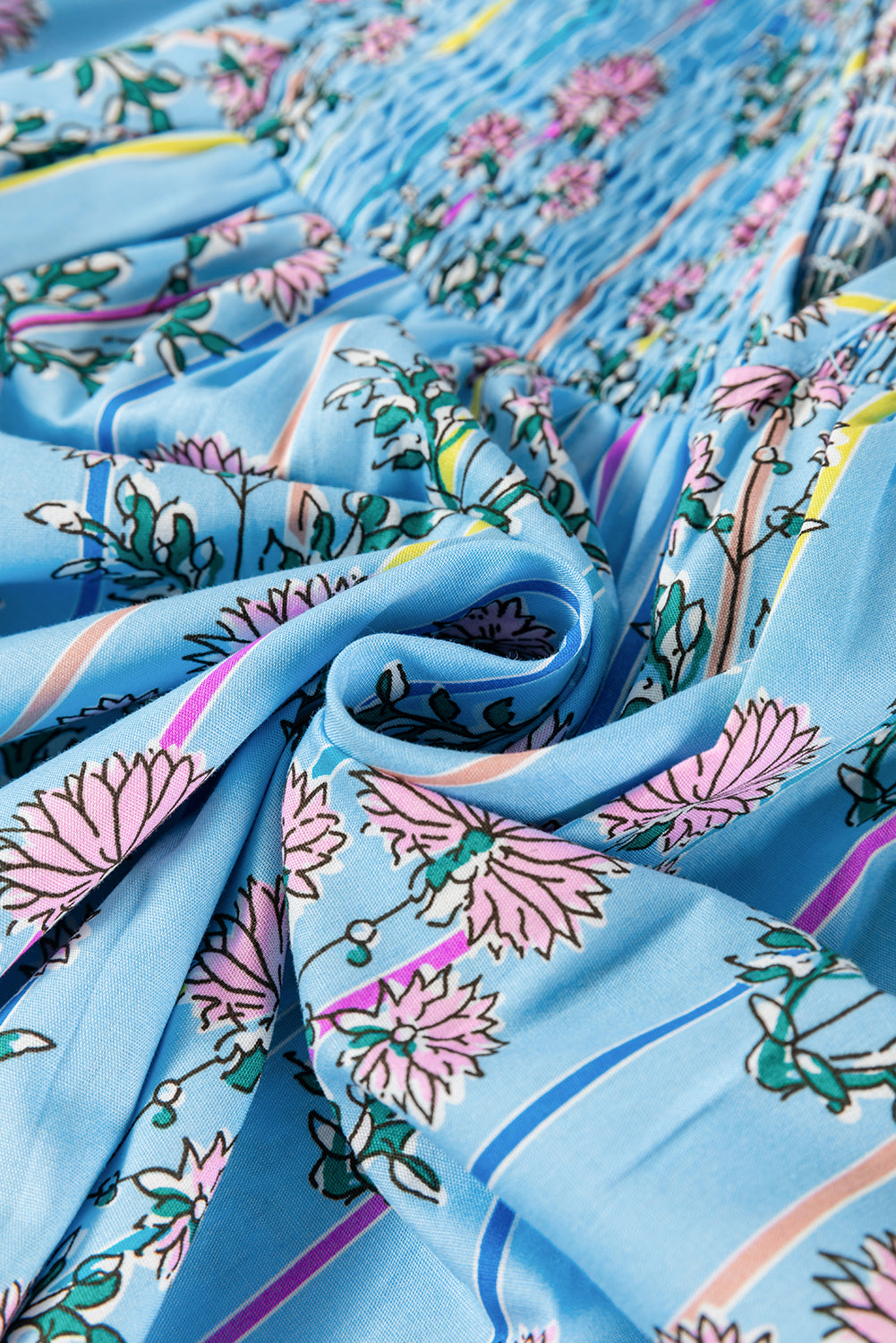 Sky Blue Floral Striped Print Shirred Yoke Split Neck Blouse Blouses & Shirts JT's Designer Fashion