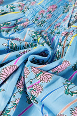 Sky Blue Floral Striped Print Shirred Yoke Split Neck Blouse Blouses & Shirts JT's Designer Fashion