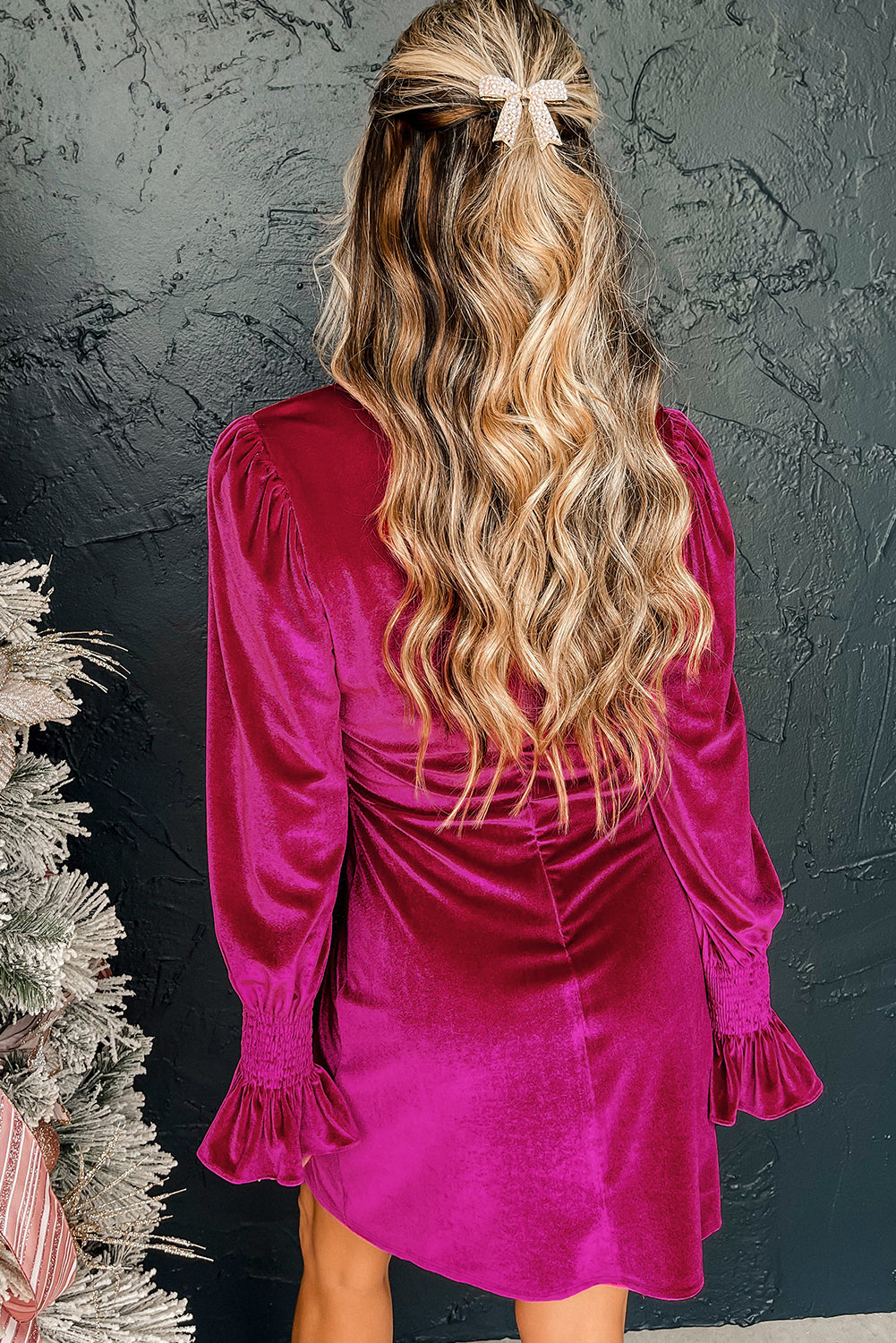 Rose Red Smocked Mock Neck Ruffled Puff Sleeve Velvet Mini Dress Mini Dresses JT's Designer Fashion