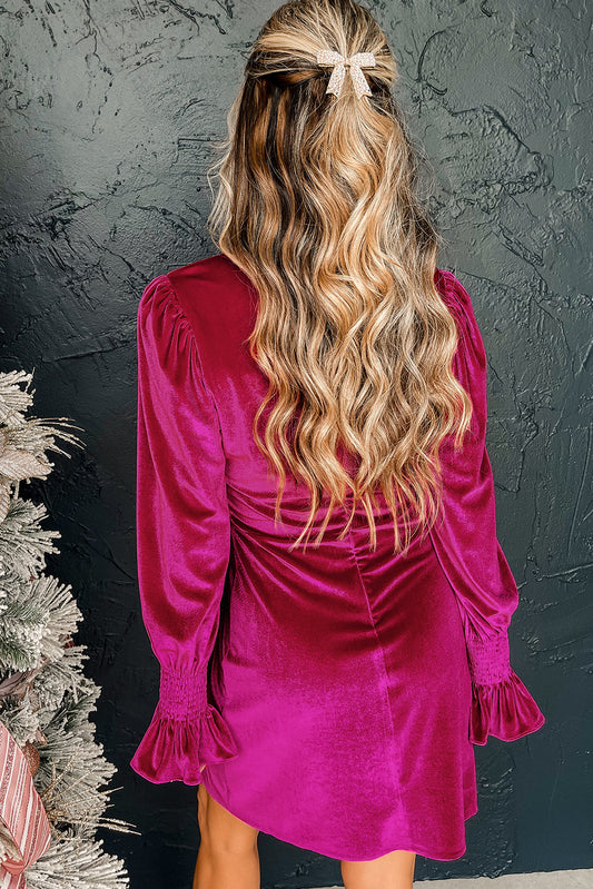 Rose Red Smocked Mock Neck Ruffled Puff Sleeve Velvet Mini Dress Mini Dresses JT's Designer Fashion