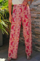 Red Paisley Printed Buttoned High Waist Straight Leg Pants Pants & Culotte JT's Designer Fashion