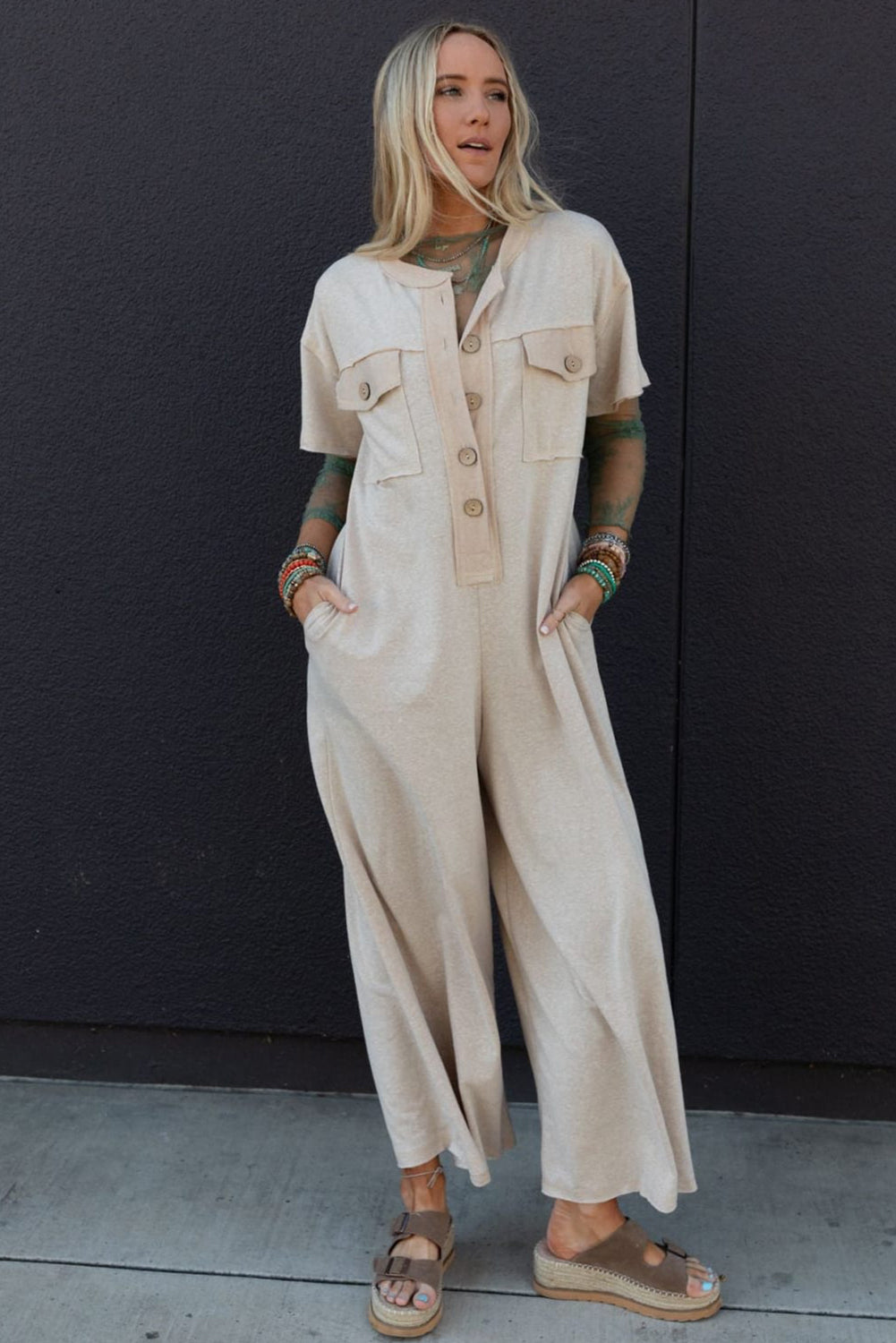 Jet Stream Half Placket Chest Pockets Short Sleeve Wide Leg Jumpsuit Bottoms JT's Designer Fashion