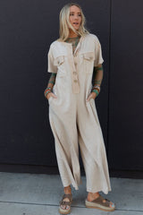 Jet Stream Half Placket Chest Pockets Short Sleeve Wide Leg Jumpsuit Bottoms JT's Designer Fashion