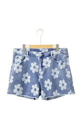Ashleigh Blue Floral Pattern High Waist Raw Hem Plus Size Denim Shorts Plus Size Bottoms JT's Designer Fashion