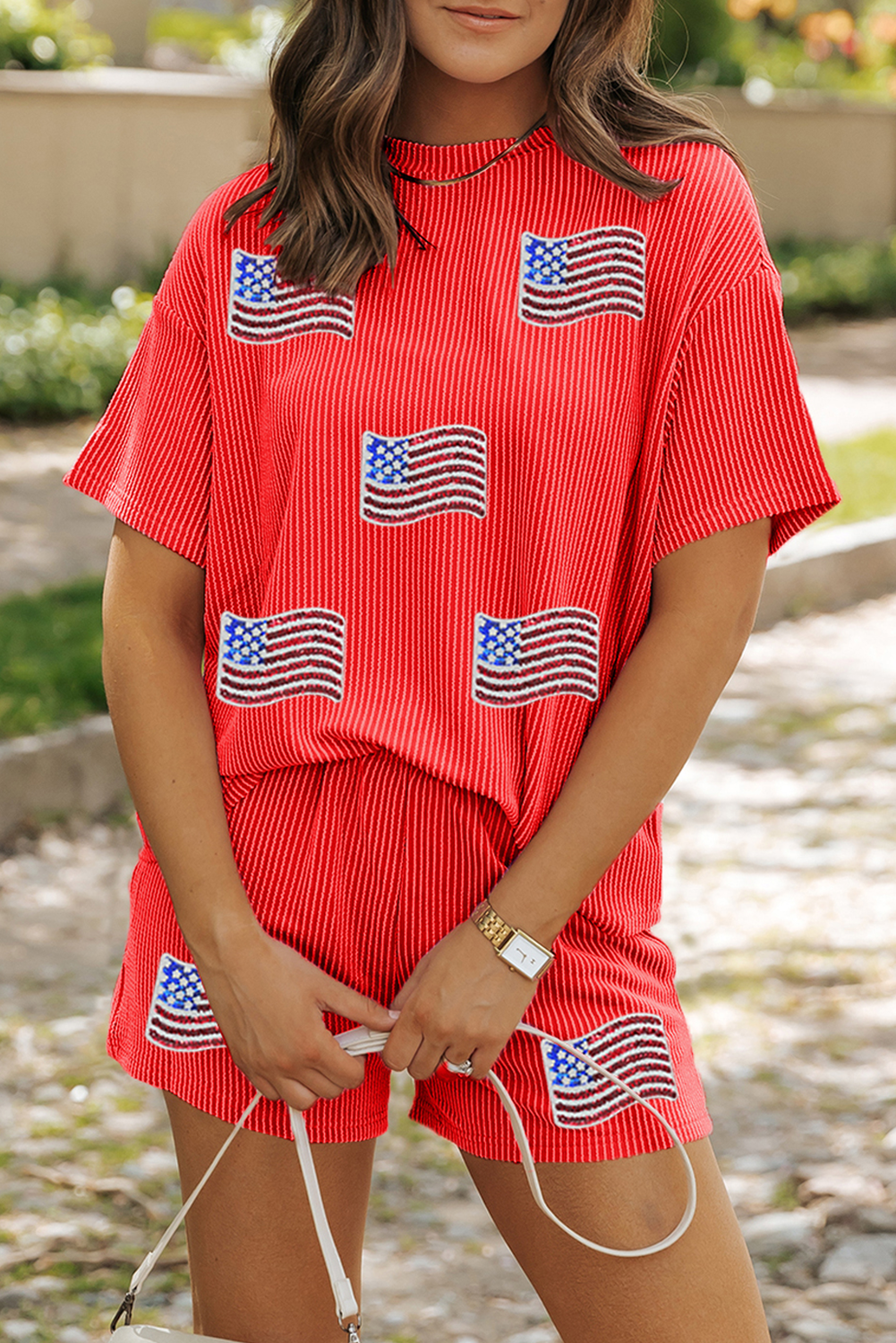 Orange Sequined American Flag Twisted Rib Texture 2pcs Short Set Orange 75%Polyester+20%Viscose+5%Elastane Graphic Sets JT's Designer Fashion