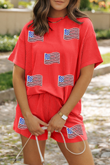 Orange Sequined American Flag Twisted Rib Texture 2pcs Short Set Orange 75%Polyester+20%Viscose+5%Elastane Graphic Sets JT's Designer Fashion
