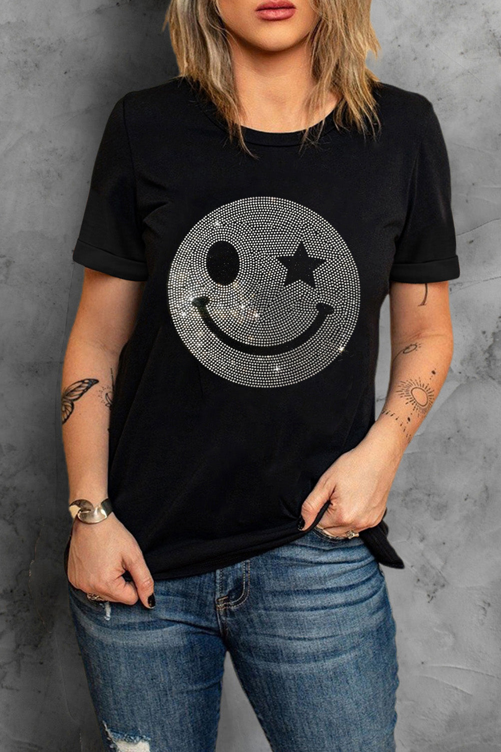 Black Sparkle Rhinestone Smile Face Graphic T Shirt Graphic Tees JT's Designer Fashion