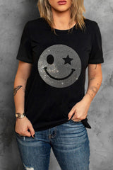 Black Sparkle Rhinestone Smile Face Graphic T Shirt Graphic Tees JT's Designer Fashion