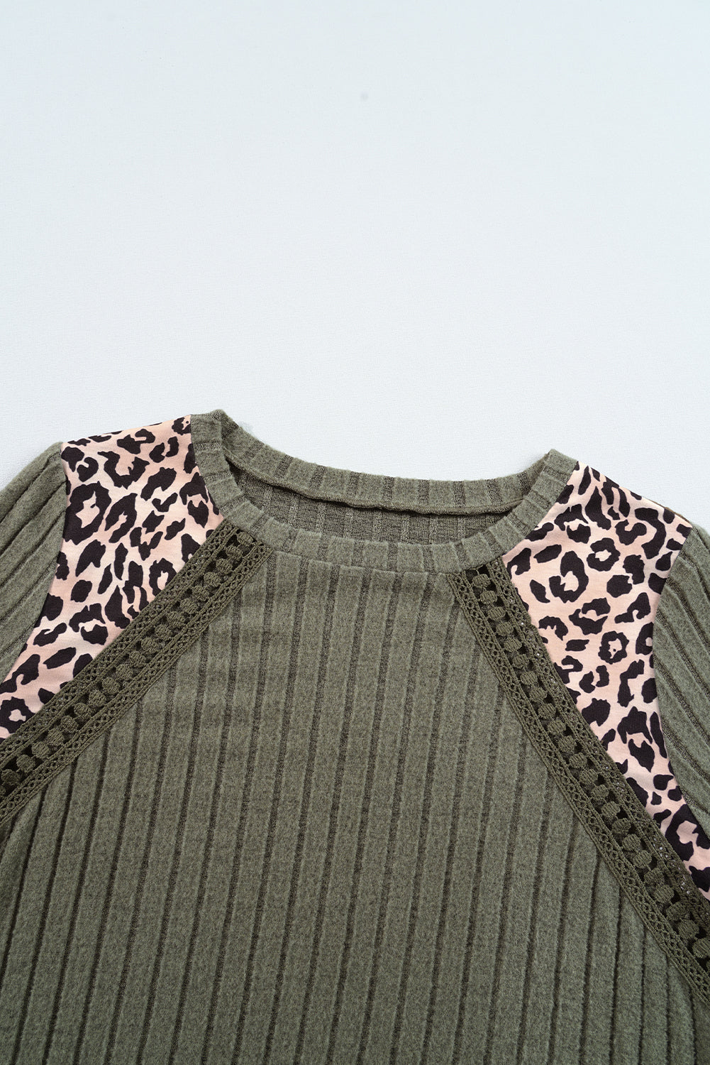 Moss Green Leopard Print Crochet Patchwork Rib Textured Knit Top Long Sleeve Tops JT's Designer Fashion